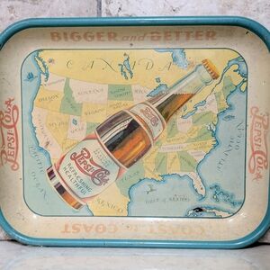 Vintage Pepsi-Cola Metal Serving Tray “Bigger & Better” Coast to Coast – c. 1939